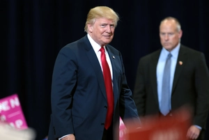 Donald Trump speaking with supporters at a campaign rally at the Phoenix Convention Center in Phoenix, Arizona.